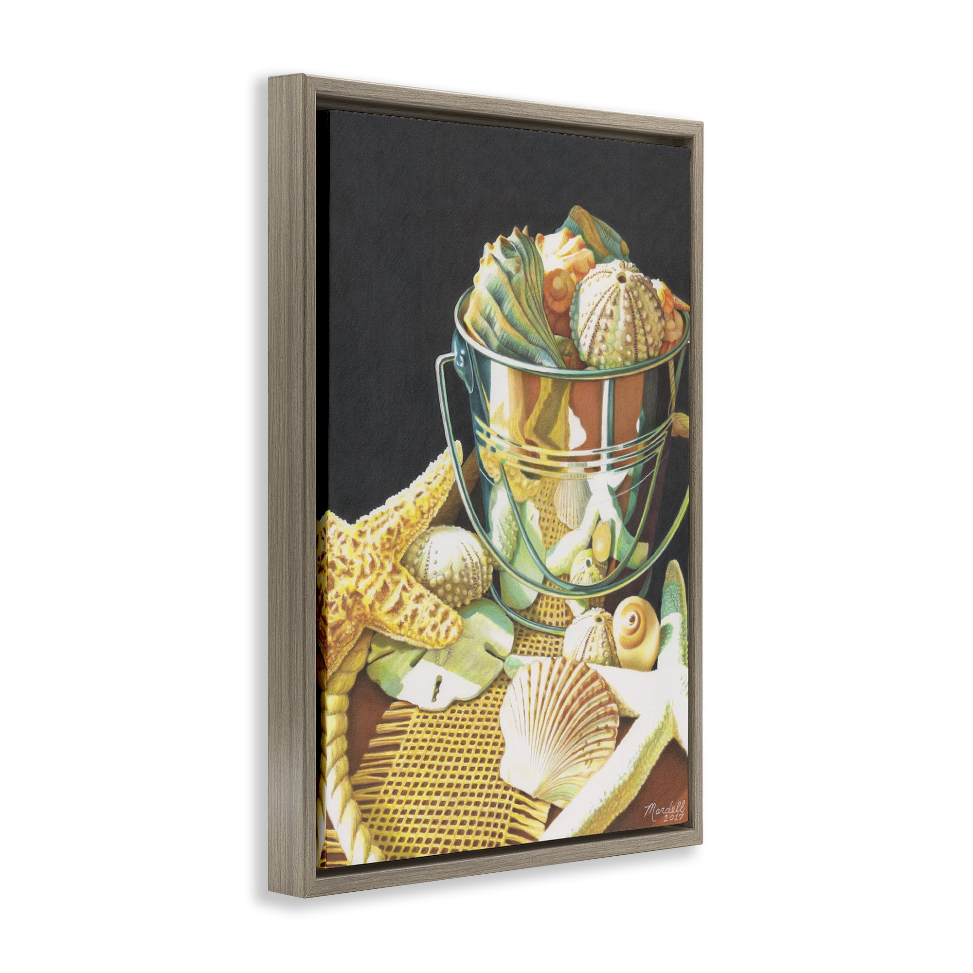 Stupell Industries Bucket Of Seashells Coastal Painting Brown Floater Framed Art Print Wall Art, 21 x 31