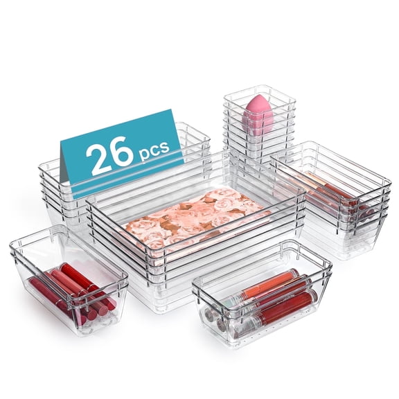 Sindcom 26 PCS Clear Plastic Stackable Organizer Bins,Makeup Drawer Organizers and Vanity Organizer