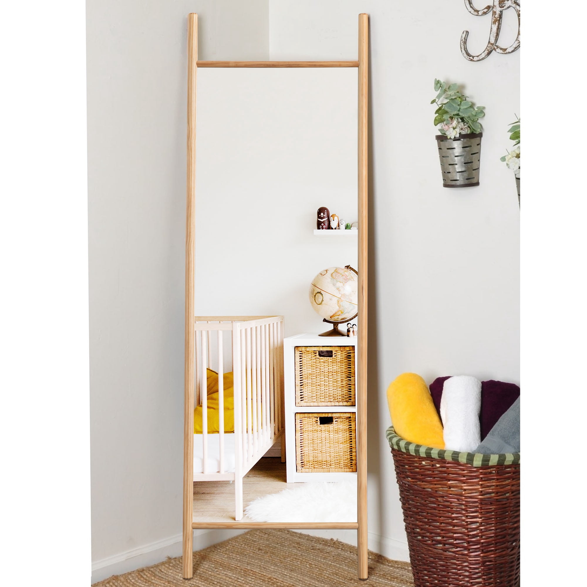 64"x21" Wood Ladder Floor Mirror Full Length Mirror,Natural Color