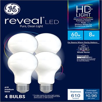 GE Reveal LED Light Bulbs, 60 Watt Eqv, A19 General Purpose, 4pk