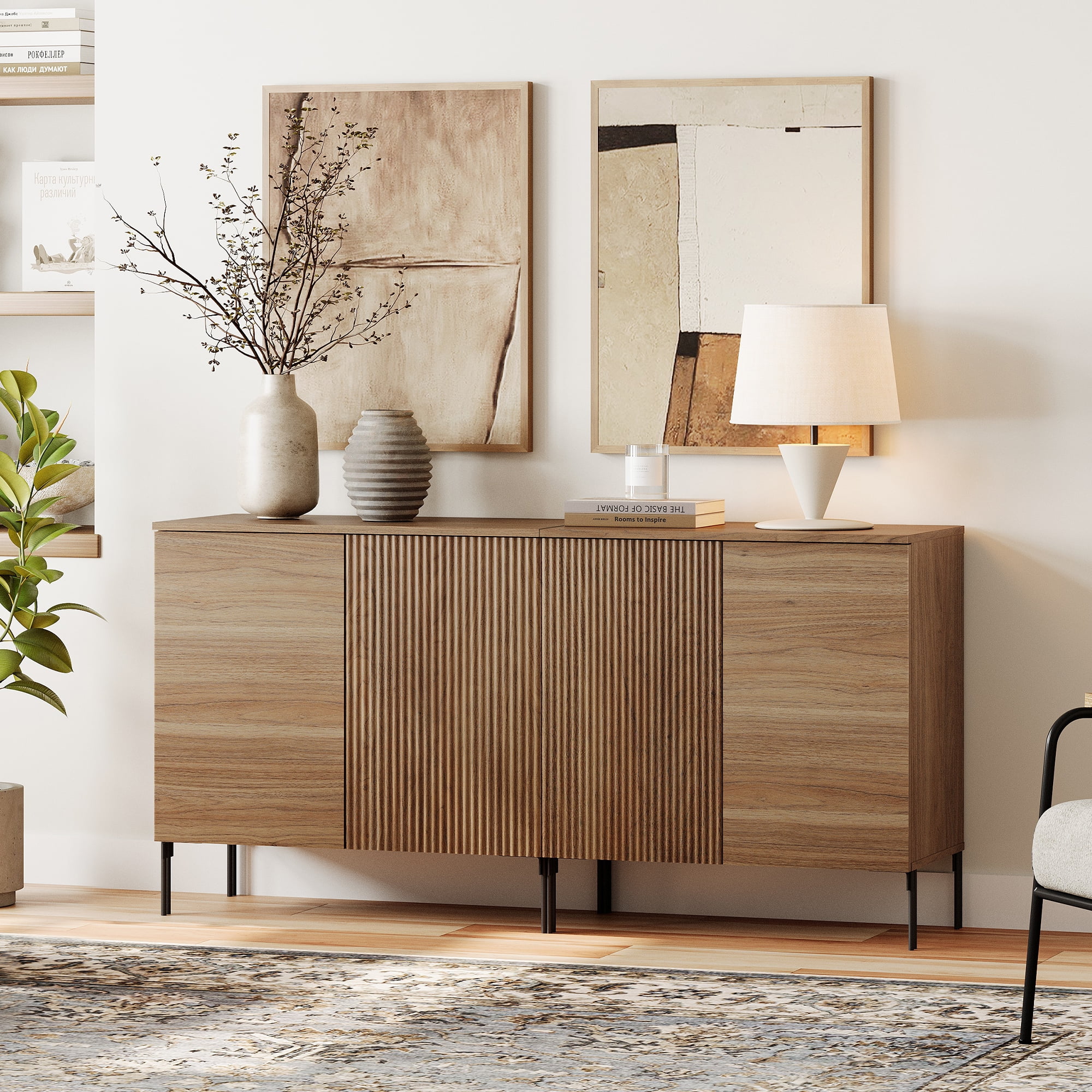 63" Reeded Accent Cabinet Set with Adjustable Shelves, Modern Credenza Storage Cabinet with Doors for Living Room, Kitchen, Dining Room, Hallway