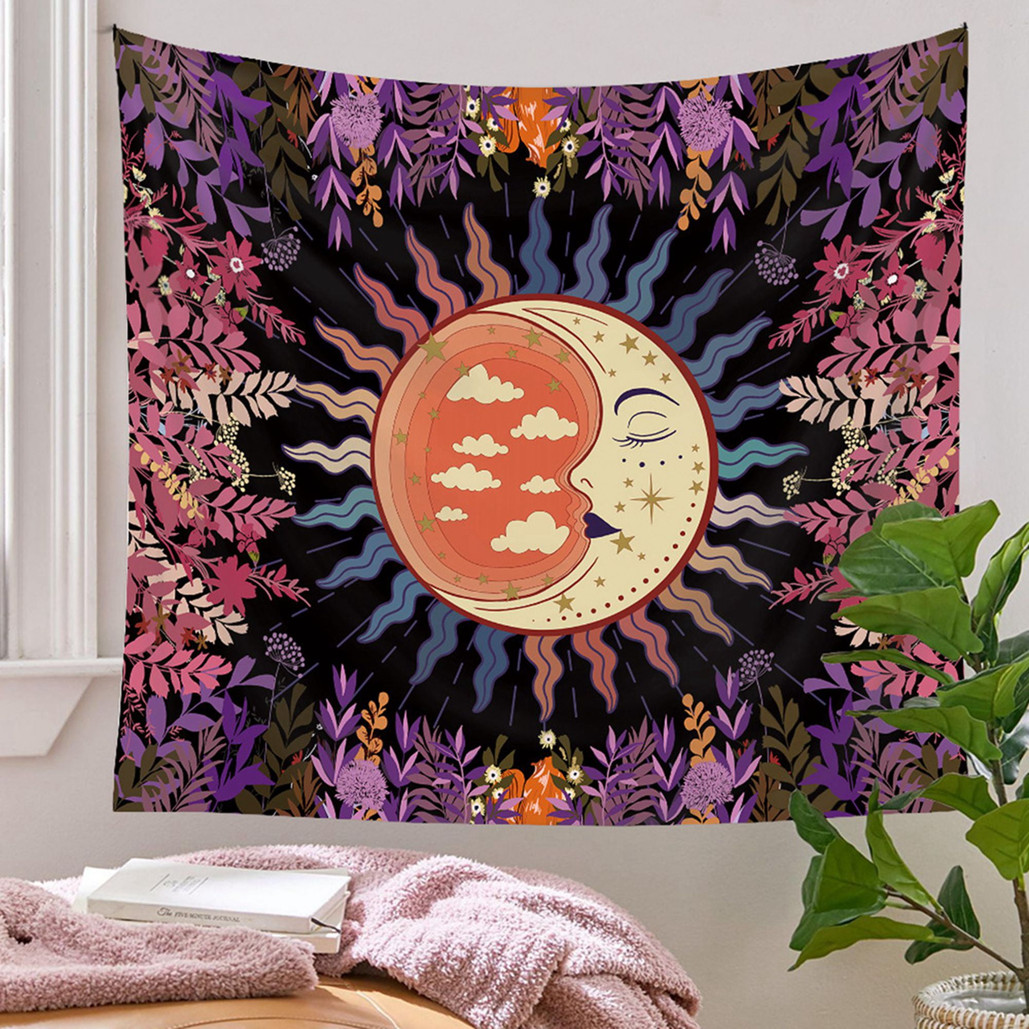 Eyicmarn Psychedelic Tapestry Sun Moon Flower Backlight Forest Mushroom Tapestry Wall Hanging Decor
