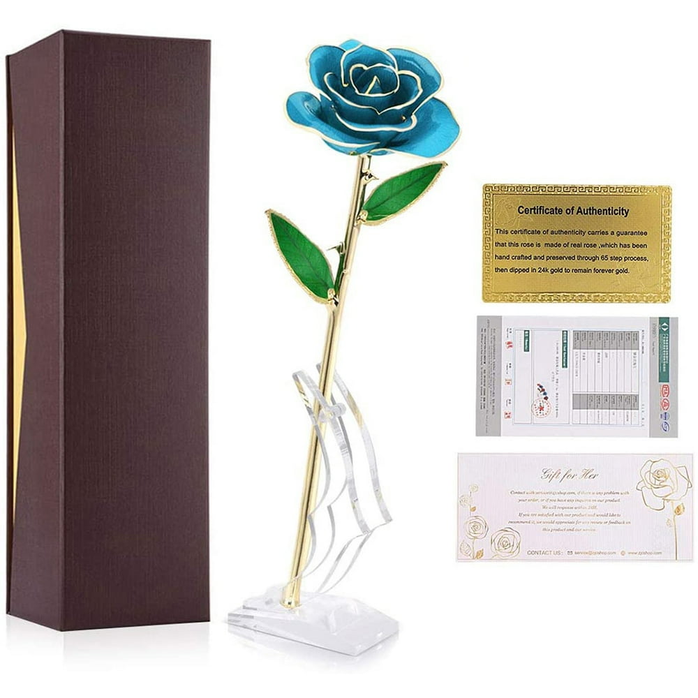 DOACT Long Stem Dipped 24k Gold Rose in Gift Box with Stand (Lightblue