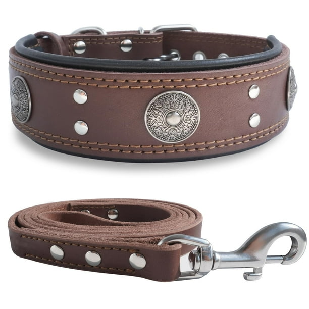 Luxurious Handmade Genuine Leather Dog Collar and Leash Set 2 Wide Collar 5 ft Leash Stainless Steel Hardware Soft and Best Choice for