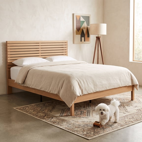 Queen Size Mid-Century Wood Platform Bed Frame with Slatted Headboard, No Box Spring Needed, Natural Wood