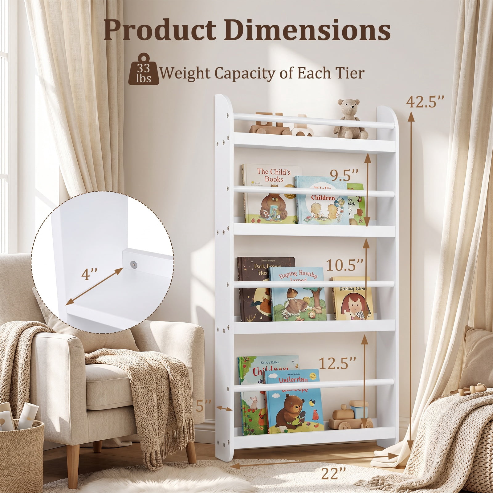Furnibear 4-Tier Bookshelf Organizer for Toys and Books with Basswood Crossbar for Living Room Home Office Bedroom Display Storage Shelf, White