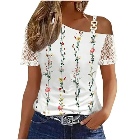 

RKZDSR Sloping Shoulders Tops Bodycon Sexy Shirts Plus Size Loose Fit Blouses Scrub Tops Tees Womens Short Sleeve Tshirts Floral Print Tunic Clearance Sales Shirts Yellow L