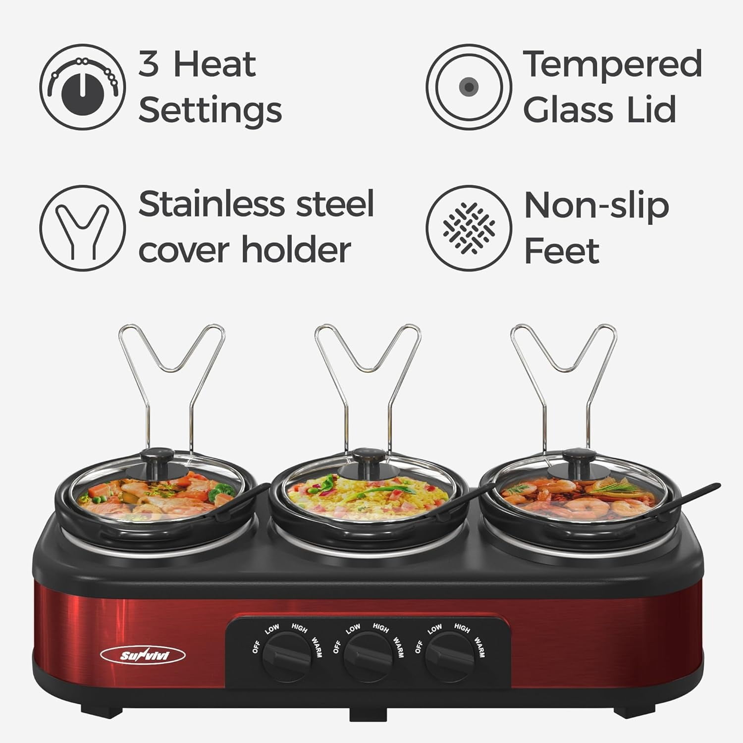 Superjoe Triple Slow Cooker Buffet Servers and Warmer,3 Pot Food Small Mini Manual Slow Cooker with Adjustable Temp Stainless Steel Lid Rests,Removable Ceramic Pot,4.5 QT Red