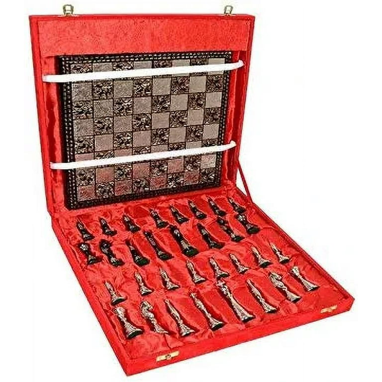 The Exquisite Carved Brass Chess Set  Solid Metal Combo Chess Pieces &  Metal Brass Board Luxury Chess Set 