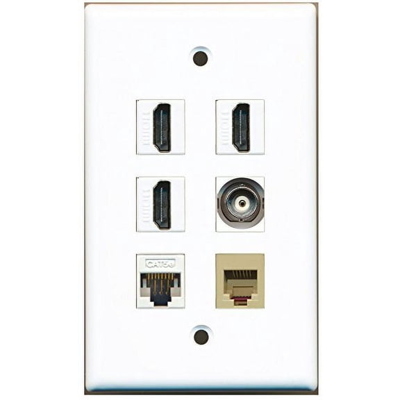 RiteAV - 3 HDMI 1 Port Phone RJ11 RJ12 Beige 1 Port BNC 1 Port Cat5e Ethernet White Wall Plate