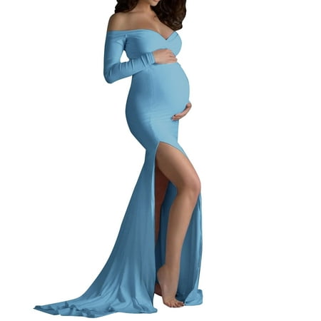 

Baycosin Summer Maternity Maxi Dress Off Shoulder Long Sleeve Split Dresses for Photoshoot
