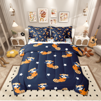 Manfei Teens Cartoon Raccoon Twin Bedding Sets 7-Piece for Teen, Galaxy Stars Print Bedding Comforter Set, Kawaii Animal Reversible Sheet Sets, Lightweight Room Decor