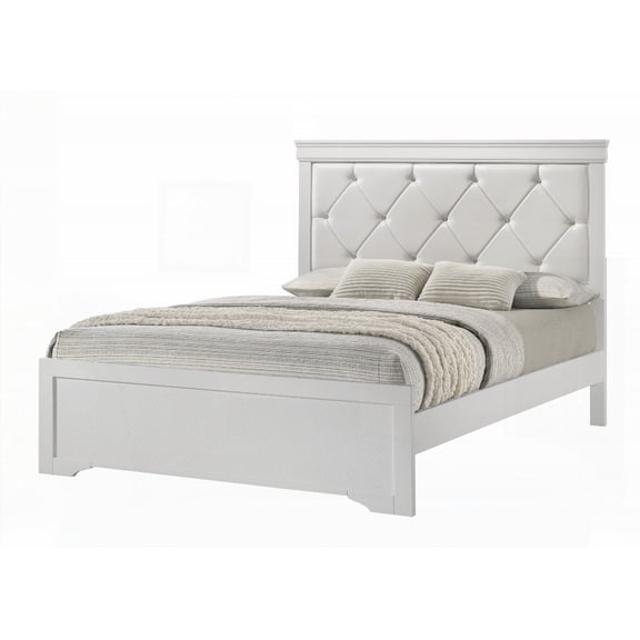 White Finish 1pc Queen Size Panel Bed Having Upholstered Headboard & Crystal-Like Button Tufting Bedroom Set