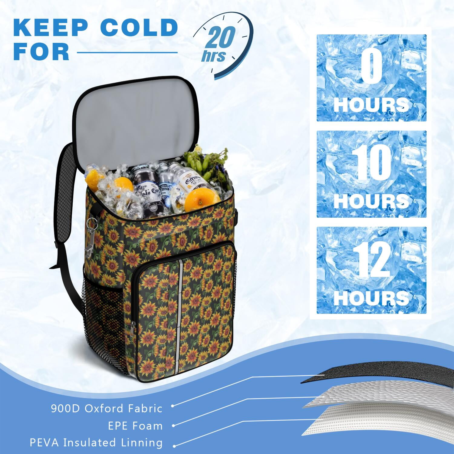 Travel Cooler Bag - Black Sunflower Camping Beer Cooler Backpack with Bottle Opener- Waterproof Insulated Picnic Backpacks - Cooler Bag for Beach