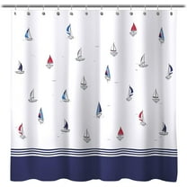 Design Nautical Theme Fabric Shower Curtain, Navy Blue and Sailboats Color Block Stripes Shower Curtains Bathroom Decor Tapestry for Boys Children