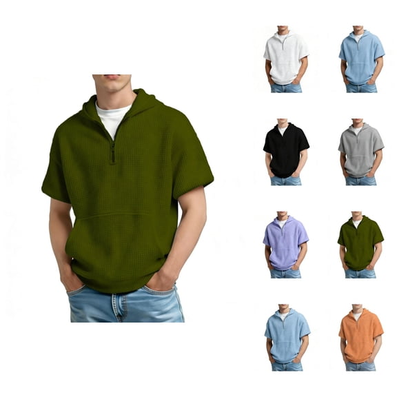 Short Sleeve Hoodies for Men Summer Fall Loose Casual Waffle Knit Hooded Sweatshirt with Pockets Quarter Zip Pullover