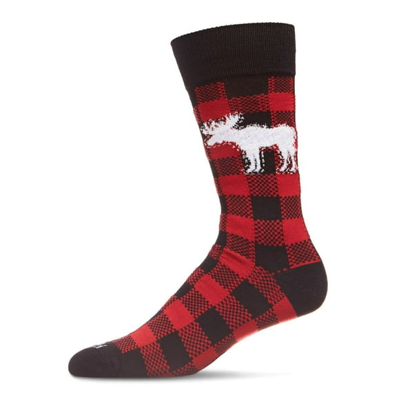 MeMoi Men's Buffalo Plaid Checked Moose Holiday Crew Socks - Mens - Male, 10-13, Black-Red