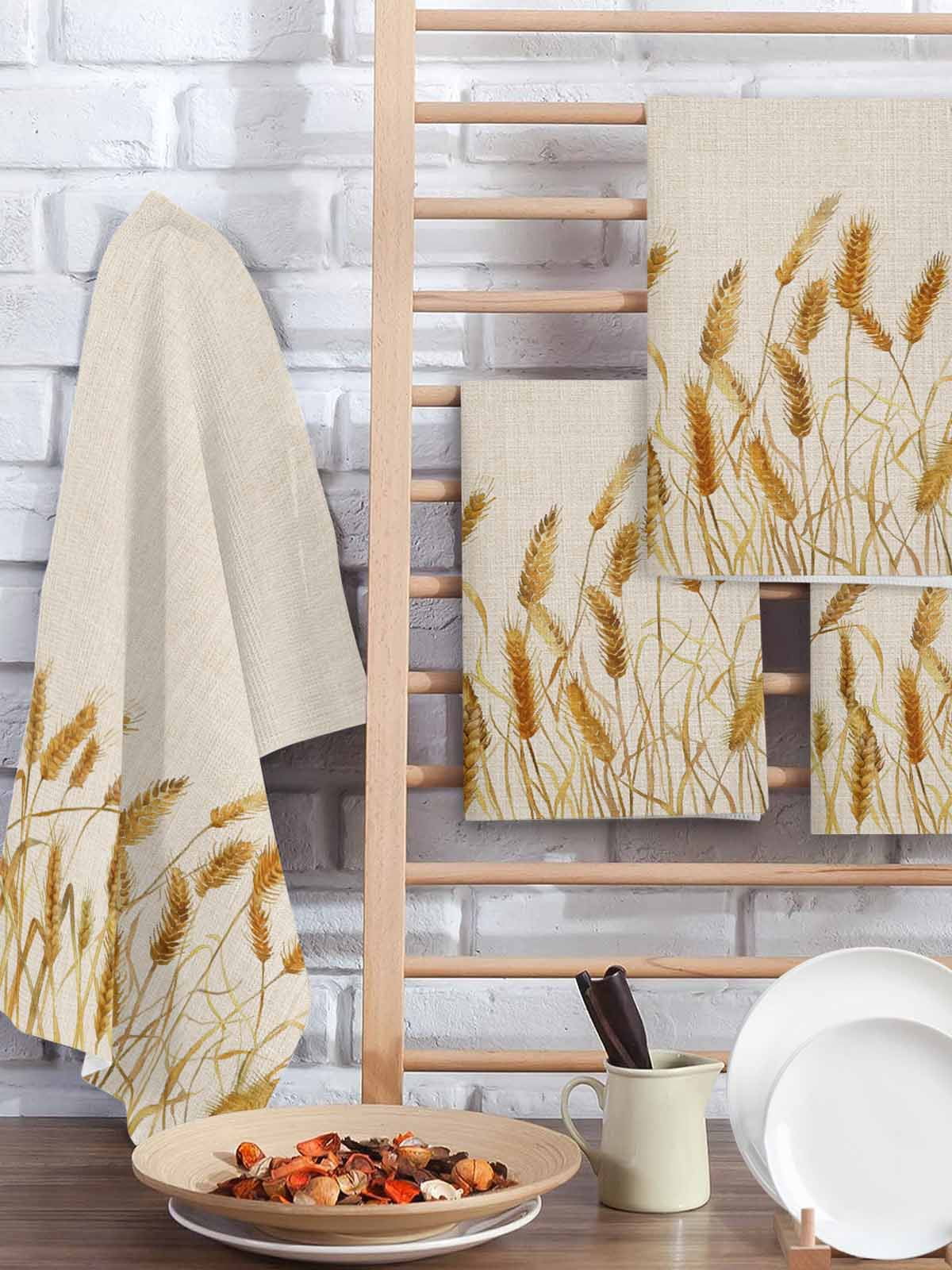 Fall Wheat Kitchen Dish Towels for Drying Dishes Set of 2, Autum Botanical Rustic Yellow Orange Waffle Weave Microfiber Hand Tea Bathroom Towels Quick Dry & Absorbent Towel 15.7x23.6