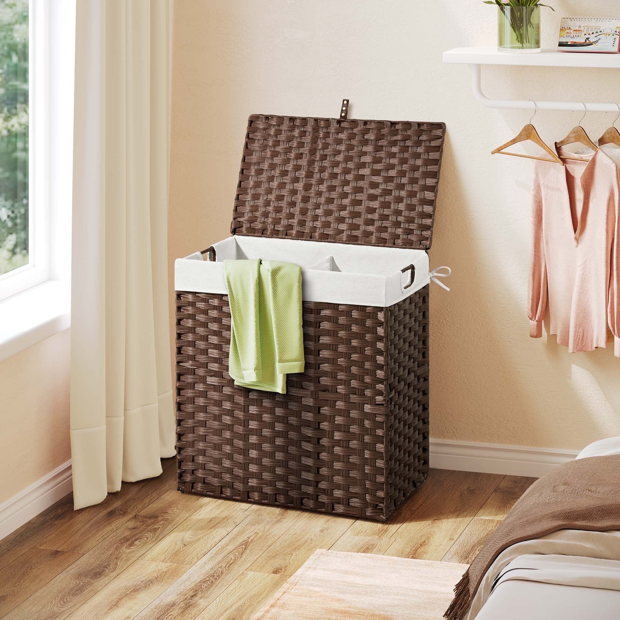 Rolanstar 110L Laundry Hamper Wicker Laundry Basket with Lid, Handles Clothes Hamper Foldable with 2 Removable Liner Bags, Brown