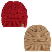 CC Fleeced Fuzzy Lined Unisex Chunky Thick Warm Stretchy Beanie Hat Cap (Burgundy/Taupe 2 Pack Combo)