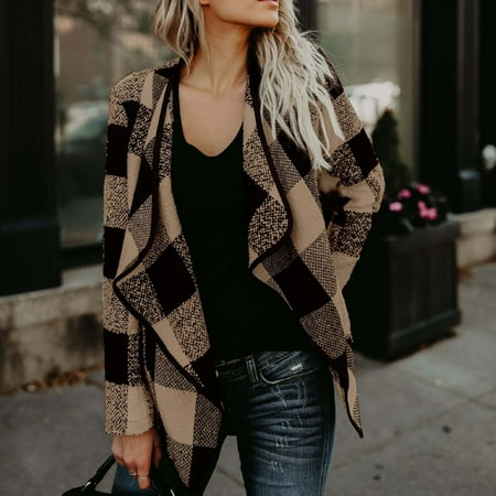 - Women Fashionable Chic Winter Autumn Warm Woolen Coat Plaid Warm Cardigan Tops Long Sleeve Jacket Outerwear Overclothes Khaki 1X
