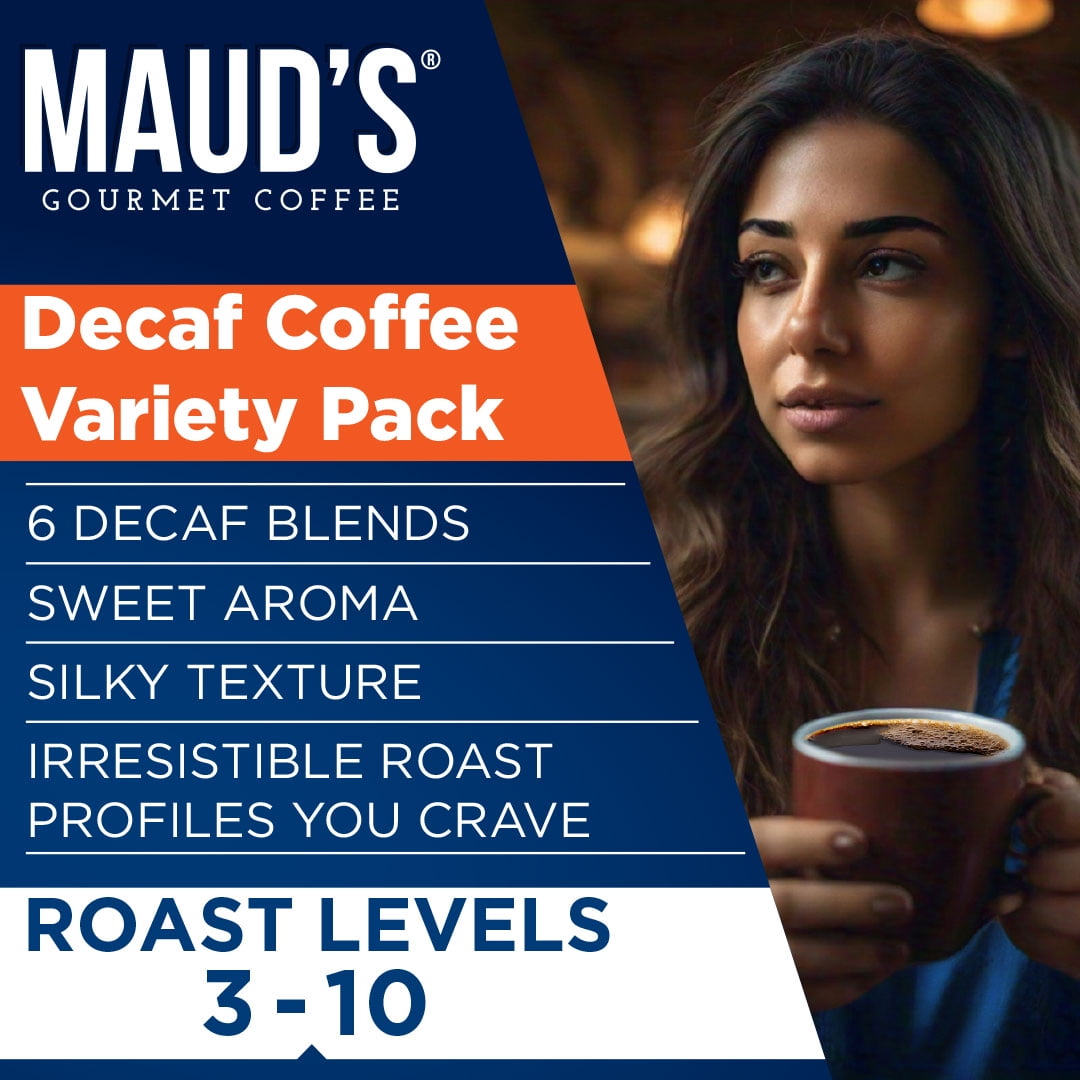 Maud's Decaf Coffee Pods Variety Pack, 54 ct, 6 Assorted Roasts & Flavors, Decaf Dark & Medium Roast Coffee in Single Serve Pods - 100% Arabica Coffee, Compatible with Keurig K Cups Maker
