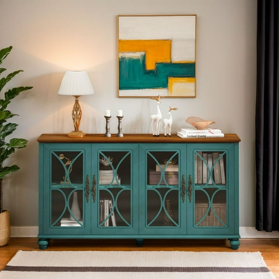 Hassch 59.45" Buffet Sideboard with Storage, Modern Farmhouse Display Cabinet with 4 Tempered Glass Doors & Adjustable Shelf, Wooden Buffet Table for Kitchen Dining Room Living Room, Dark Green