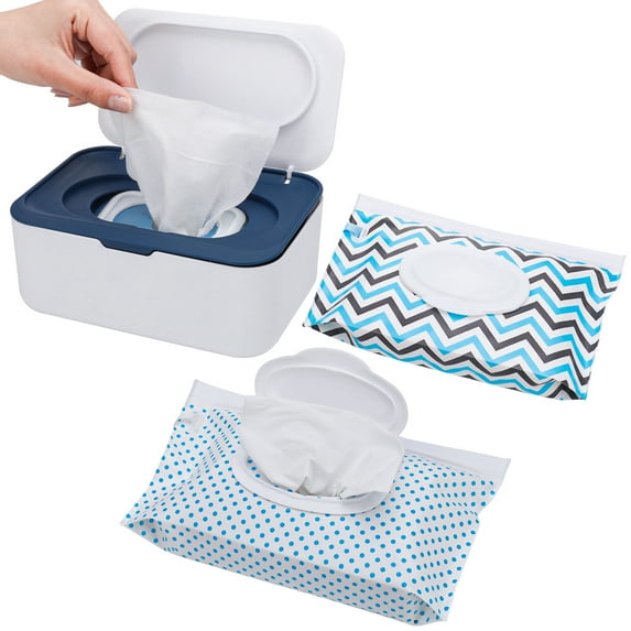 Rumbeast Baby Wipes Dispenser, Wipe Dispenser with 2 Pack Wipe Pouch Bags, Refillable Wipes Case with Lids and Sealing Design, Flushable Wipes Storage Box(Blue)