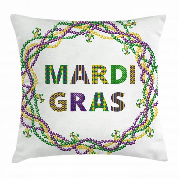 Mardi Gras Throw Pillow Cushion Cover, Vivid Beads Circular Frame with Lettering Traditional Patterns Print, Decorative Square Accent Pillow Case, 20 X 20 Inches, Purple Green Yellow, by Ambesonne