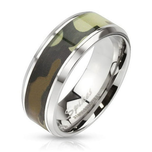 8mm Green Camouflage Inlay Stainless Steel Beveled Edge Band Ring (SIZE: 9)