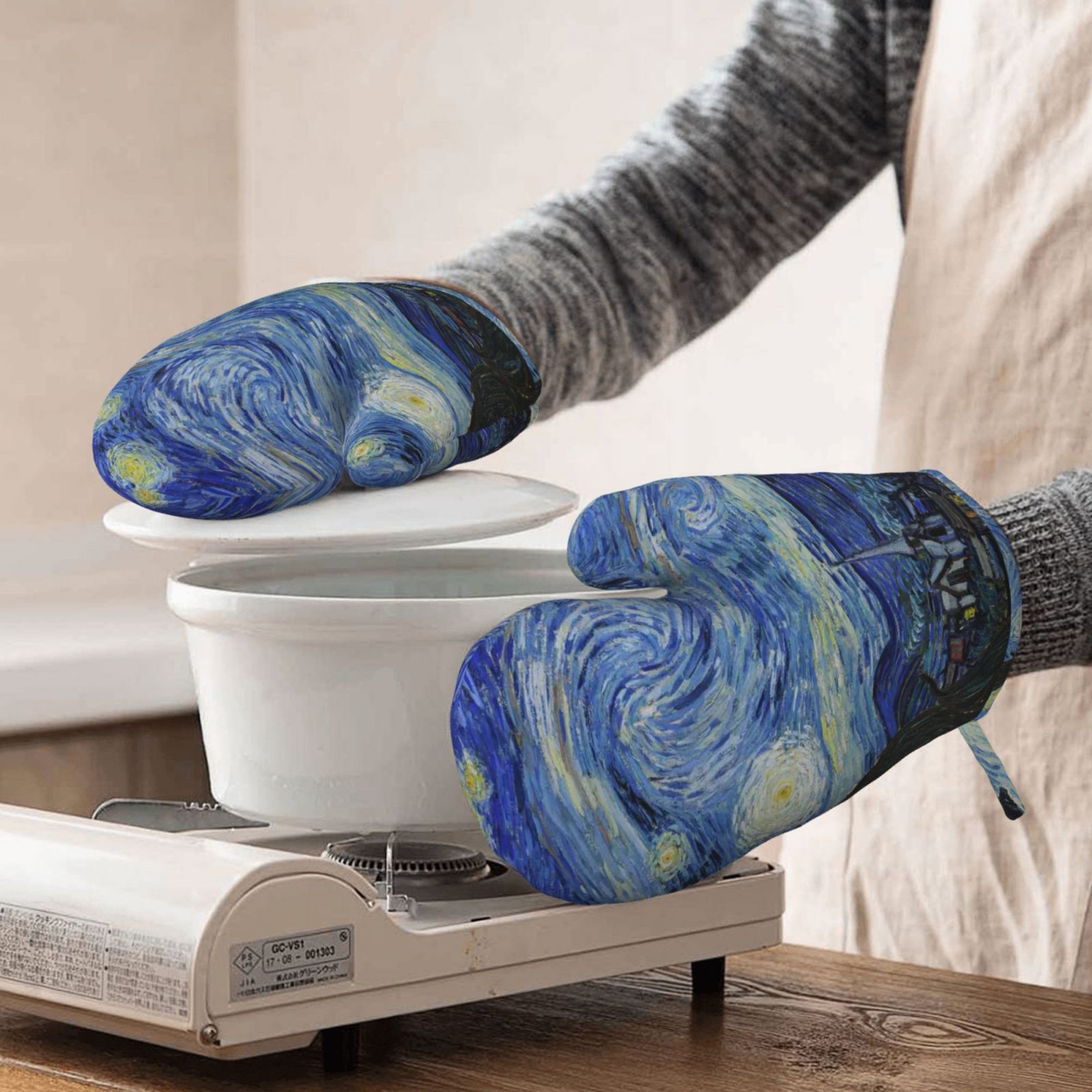 Hirioo The Starry Night for Silicone Oven Mitts for BBQ, Baking, Cooking, Set of 2, Heat Resistant 260℃, Non-Slip Kitchen Essentials