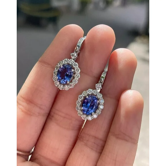 3Ct Oval Cut Lab-Created Tanzanite Dangle/Drop Earrings in 14k White Gold Plated