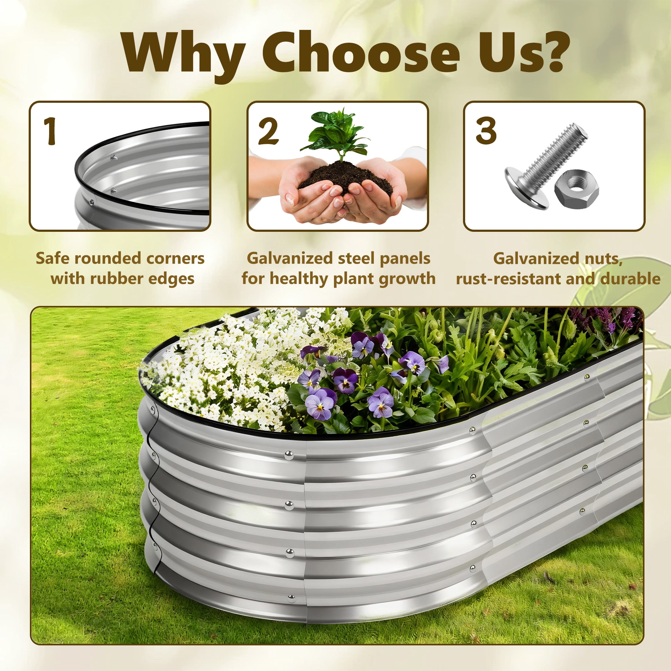 JIOABL Oval Metal Garden Bed: Corrosion-Resistant, Open-Base Drainage – Safe & Durable Outdoor Planting, Silver