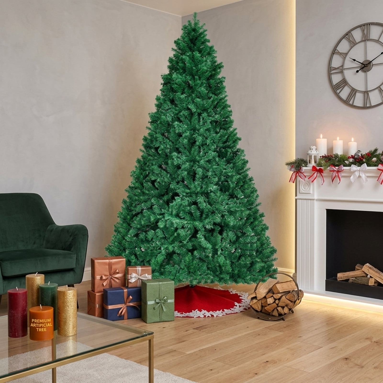 RUIE, 8 Foot Pre-Lit Tree, 8 ft Artificial Christmas Tree, 430 LED Lights, Green, 1438 Full Tips, for Home Holiday Xmas Decoration
