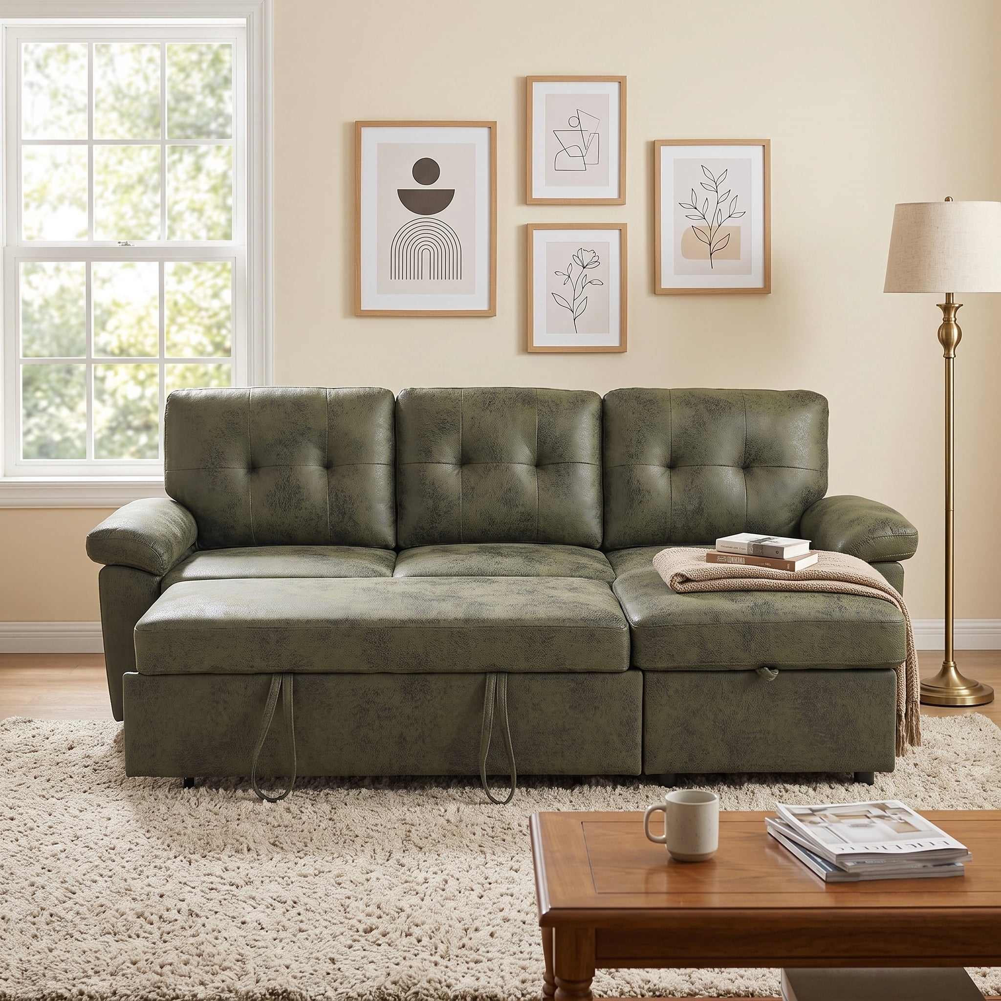 Leumius 88.5" Sectional Sofa with Pull-Out Bed,Convertible L-Shaped Sofa with Storage Chaise,and Soft and Soft Padded Armrests,Olive Green