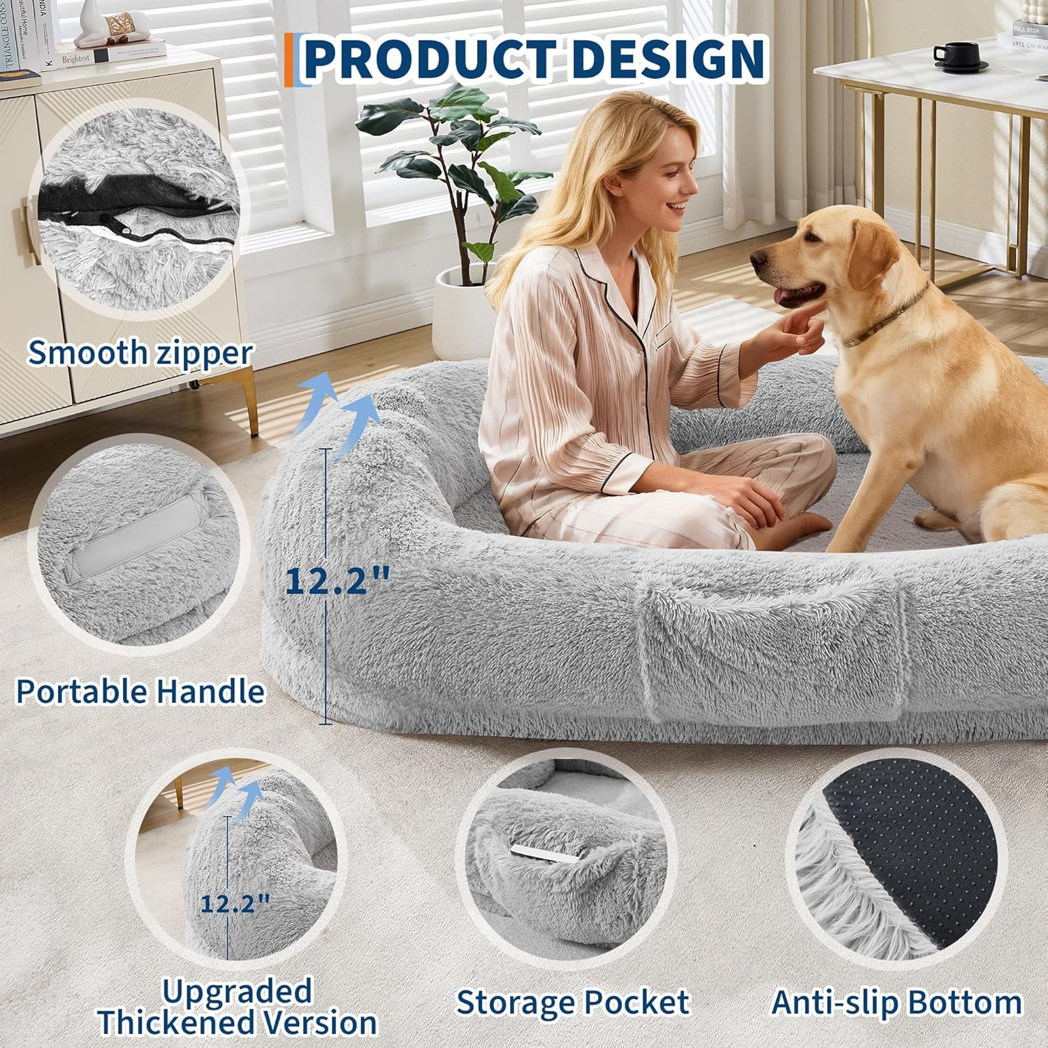 Rugerasy 65 Inch Large Gaint Shared Bed for People Pets,Human Dog Bed for Adult,Washable Faux Fur Removable Nap Bed Bean Bag with Handle Side Pocket,Light Gray