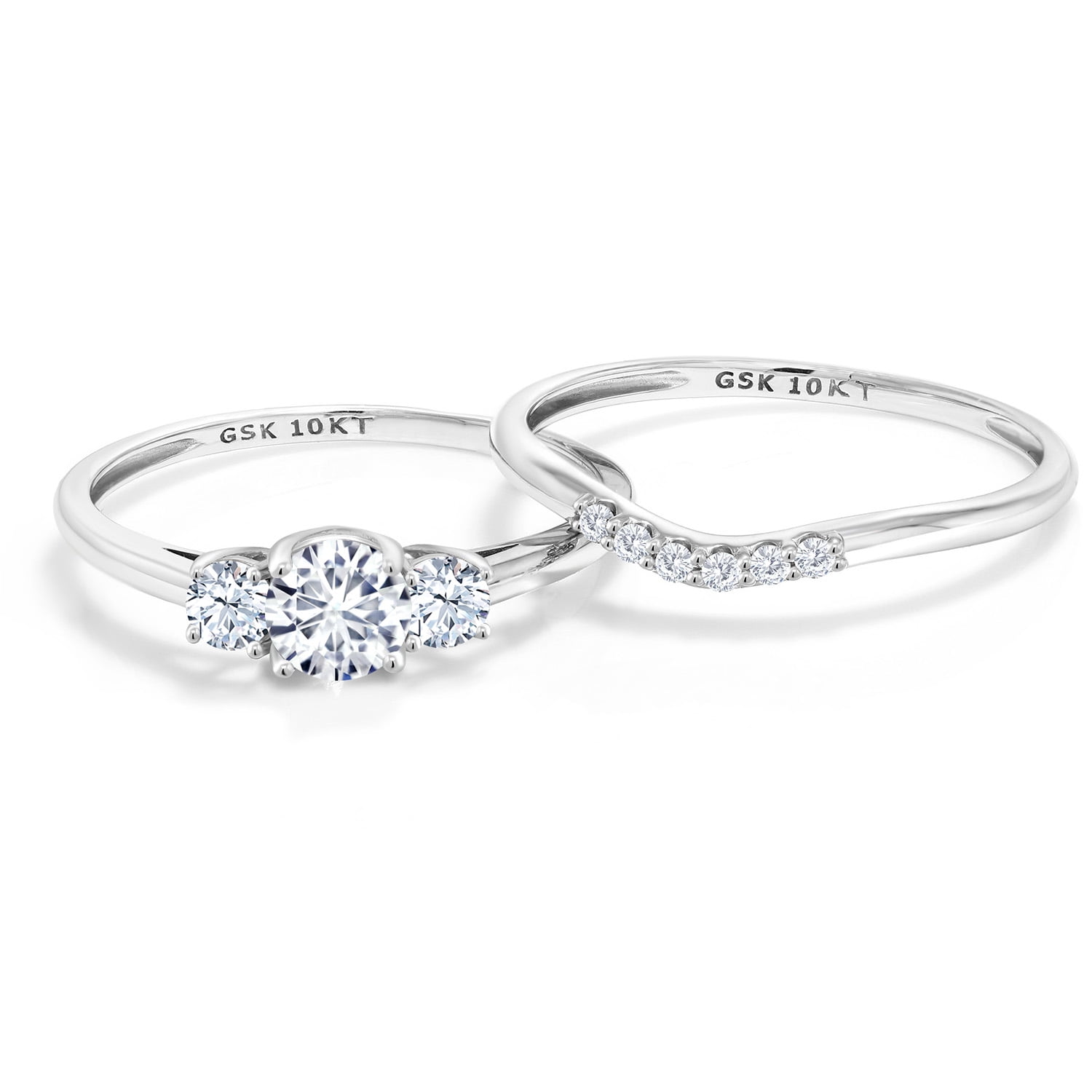 Gem Stone King 10K White Gold White Moissanite Created Sapphire and Lab Grown Diamond 3-Stone Bridal Engagement Wedding Ring Set for Women | 0.83 Cttw | Available in Size 5, 6, 7, 8, 9 | Size 6