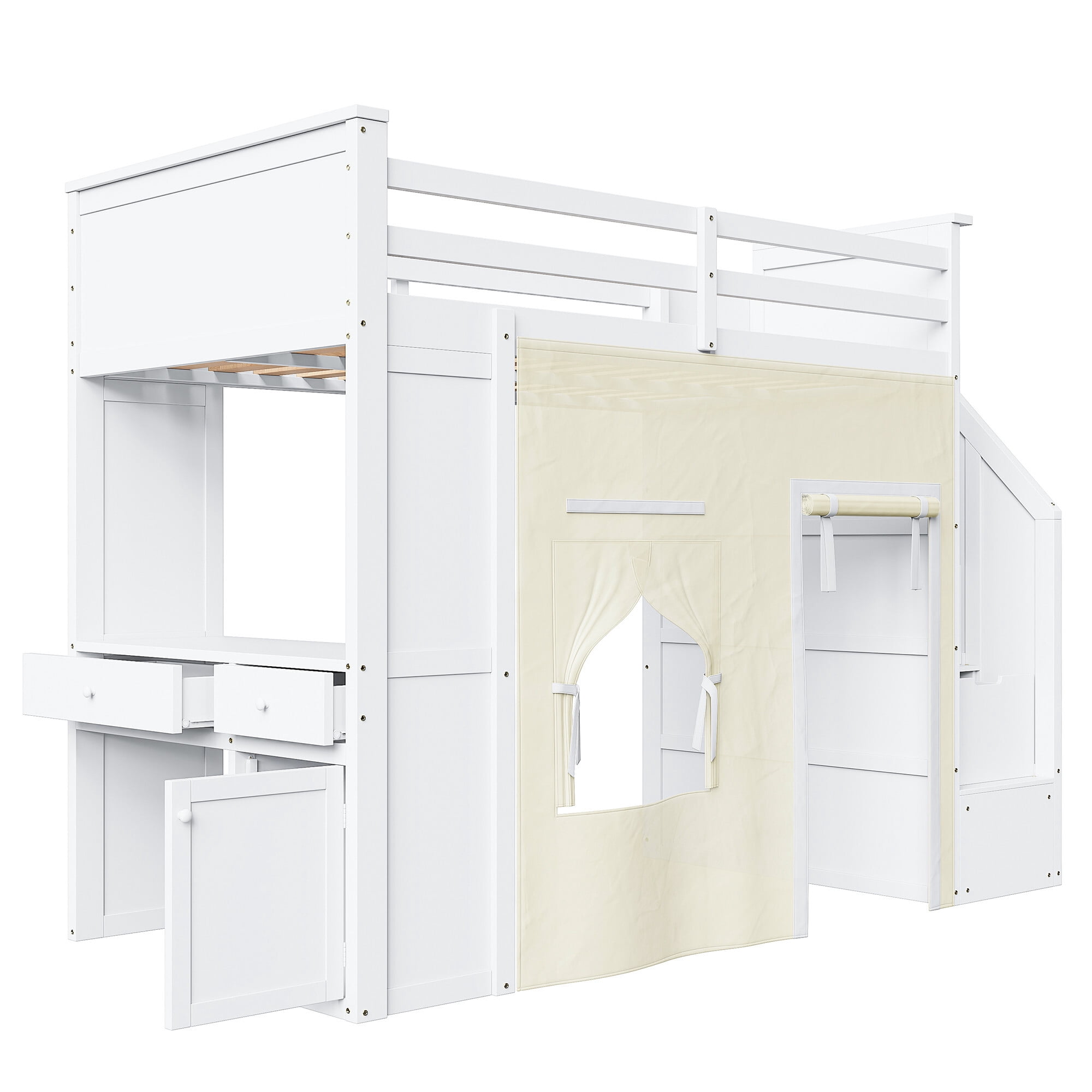 Euroco Wood Twin Size Loft Bed with Desk and Drawers, Storage Bed with Shelves and Curtain, White