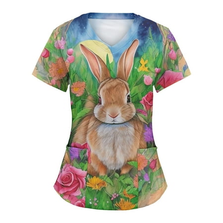 

Women Comfotable Cartoon Animals Printing Short Sleeve V-Neck Holiday Cute Working Scrubs Top Blouse Tops With Pockets Ladies Dailywear