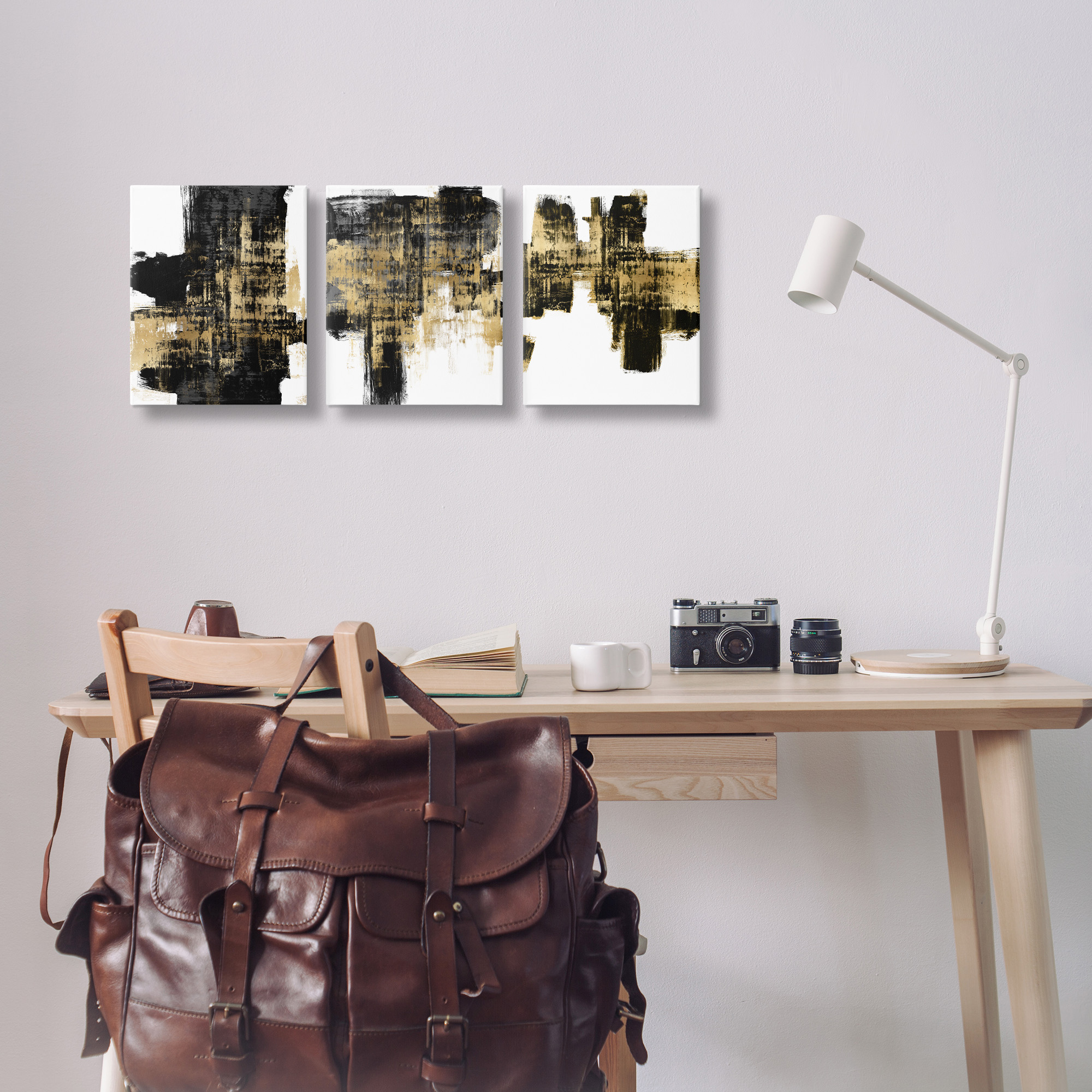 Stupell Industries Bold Black Brushstrokes with Gold Abstract Painting Gallery Wrapped Canvas Art Print Wall Art, 11 x 14, Set of 3
