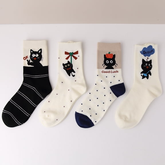 Women's Funny Crew Socks Novelty Cute Cat Socks 4 Pairs Gifts for Girls