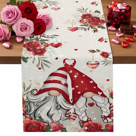 Valentine s Day Cotton Linen Table Runner Love Gnomes Red Heart Roses Eucalyptus Linen Dining Table Runners for Home Decor Party Dining Room Restaurant Kitchen Party 13 x 120