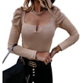 thumbnail image 2 of Auburet Womens Puff Short Sleeve Top Ribbed Knit Slim T-Shirt Blouse, 2 of 3