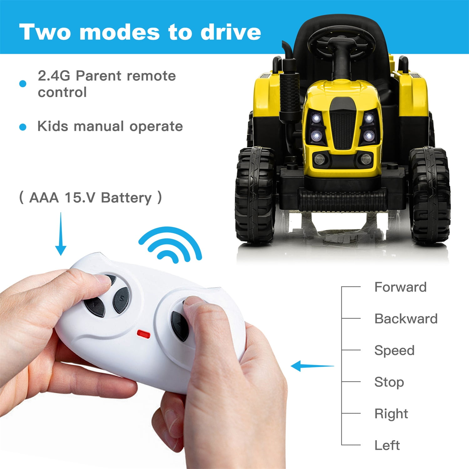 CIPACHO 12V Ride On Tractor with Trailer, Electric Kids Car with 2.4RC, 3 Speed Adjustable, USB, MP3, Power Display, 2 Point Safety Belt, Yellow CIPACHO 12V Ride On Tractor with Trailer, Electric Kids Car with 2.4RC, 3 Speed Adjustable, USB, MP3, Power Display, 2 Point Safety Belt, Yellow
