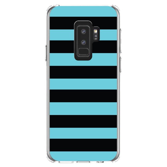 DistinctInk Clear Shockproof Hybrid Case for Samsung Galaxy S9+ PLUS (6.2" Screen) - TPU Bumper, Acrylic Back, Tempered Glass Screen Protector - Black & Cyan Bold Horizontal Stripes