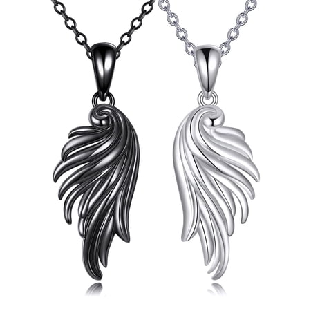 MYSTICPOEM Angle Wings Necklaces Set for 2 Necklaces S925 Sterling Silver Guardian Angel Necklace Black And White Pendant Jewelry For Women Men 18+2/20+2 inch Length Chain
