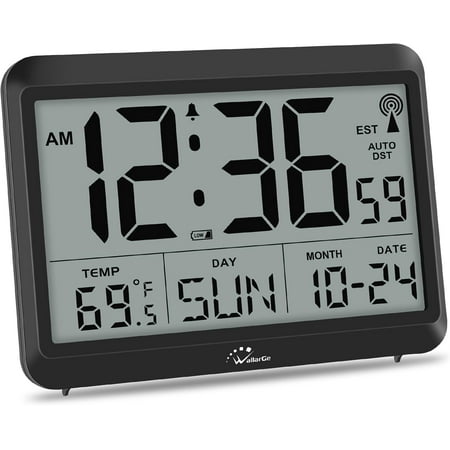 Atomic Digital Wall Clock Battery Operated, Self-Setting, Large Display with Temperature, Date, Day of The Week, Silent Mount Clock, 4 Time Zones, DST