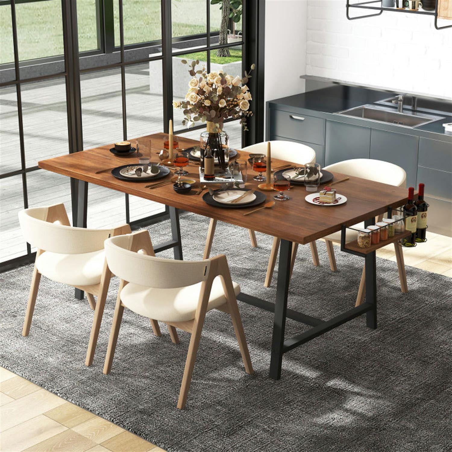 Demi Bonn 72" Dining Table Rectangular Kitchen Table with 2-Bottle Wine Rack for Kitchen, Dining Room, Dinette, Breakfast Nook, Brown