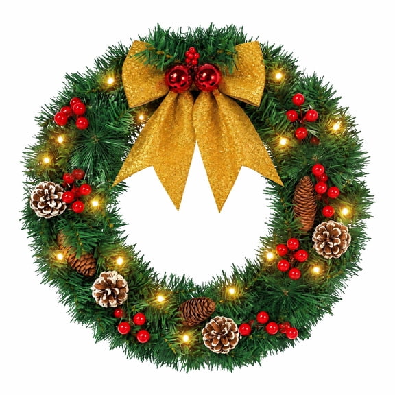 20 Inch Pre‑Lit Christmas Wreaths for Front Door, Christmas Wreath with Red Berries Pinecones Gold Bows, Indoor Outdoor Xmas Decor for Home Wall Window
