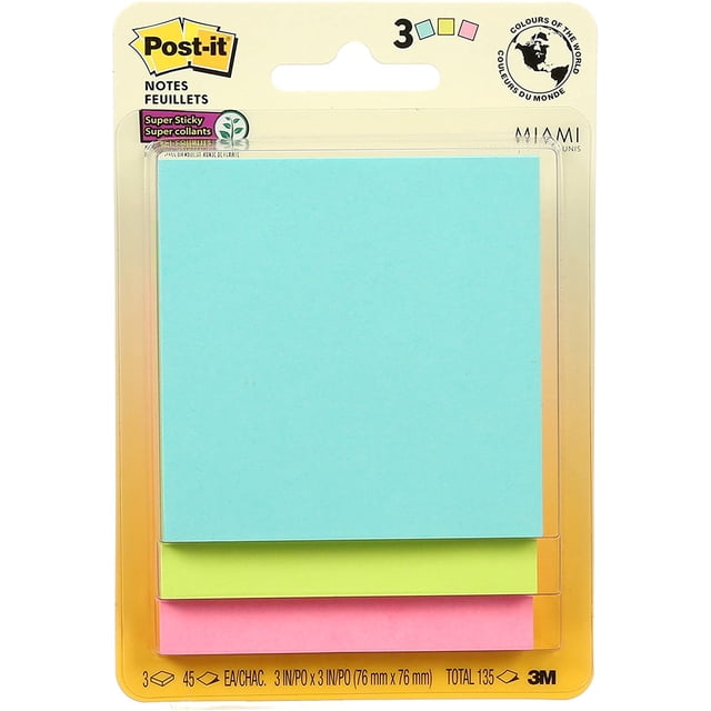Post it Notes Ormromra Notas súper adhesivas 3' 3' 3 blocs 45 hojas/bloc colores Miami